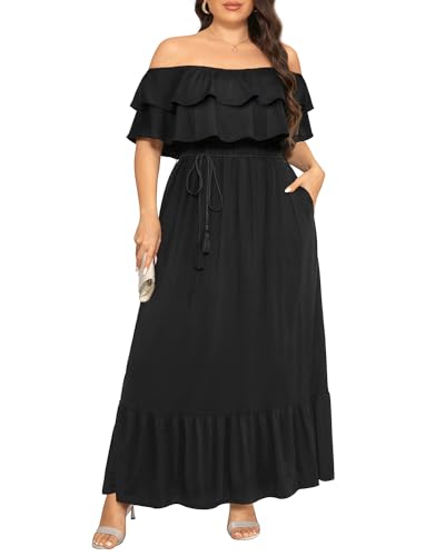 Schulterfreies Maxi-Kleid in Übergröße, lang, lässig, mit Rüschen, Strandkleid, Damenkleid, 2024, Schwarz, 52 Mehr von Pinup Fashion