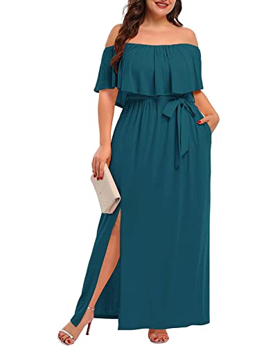 Schulterfreies Maxi-Langkleid in Übergröße, lässiges Strandkleid, Taschen für Damen, Acie Blue, 50 Mehr von Pinup Fashion