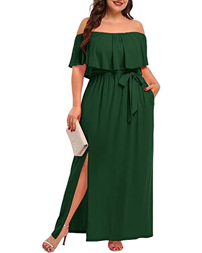 Schulterfreies Maxi-Langkleid in Übergröße, lässiges Strandkleid, Taschen für Damen, Dunkelgrün, 46 Mehr von Pinup Fashion