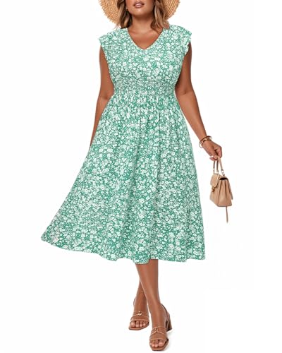 Sommerkleider in Übergröße – Boho, lässig, V-Ausschnitt, Rüschenärmel, Midi-Sommerkleid mit Taschen, Grünes Blumenmuster 02, 48 Mehr von Pinup Fashion