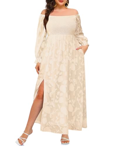 Sommerkleider in Übergröße – Boho, lässig, schulterfrei, Blumenmuster, langes Maxikleid mit Taschen, Beige (Spitze mit Blumenmuster und langen Ärmeln), 46 Mehr von Pinup Fashion