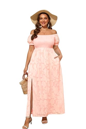 Sommerkleider in Übergröße – Boho, lässig, schulterfrei, Blumenmuster, langes Maxikleid mit Taschen, Pink, 46 Mehr von Pinup Fashion