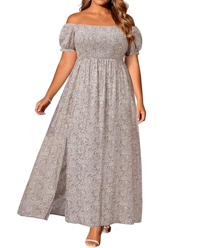 Pinup Fashion Sommerkleider in Übergröße – Boho, lässig, schulterfrei, Blumenmuster, langes Maxikleid mit Taschen, Aprikose, 46 Mehr von Pinup Fashion