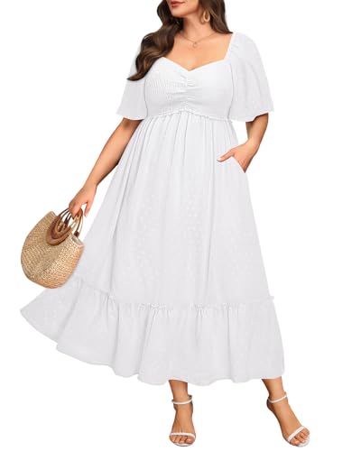 Sommerkleider in Übergröße – Maxi, lässig, Hochzeit, Gast, Abschlussfeier, Ostern, langes Kleid mit Taschen, Weiss/opulenter Garten, 52 Mehr von Pinup Fashion