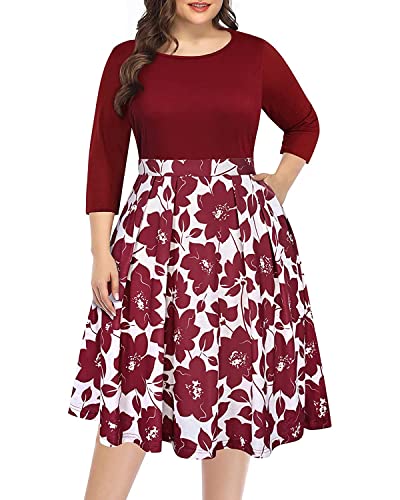 Übergröße Floral Herbst Kleider für Frauen Halbarm Midikleid Patchwork Kleid Casual Party A-Linie Kleid mit Taschen - Rot - 48 Mehr von Pinup Fashion