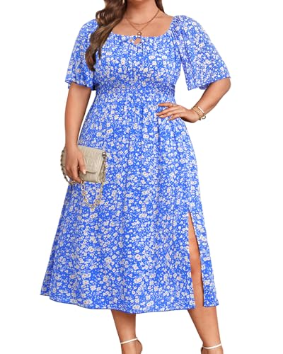Übergröße Sommerkleid 2025 – Milkmaid Sommerkleid Boho Floral Casual Strand Hochzeit Midi Kleider, Blauer Boho., 48 Mehr von Pinup Fashion