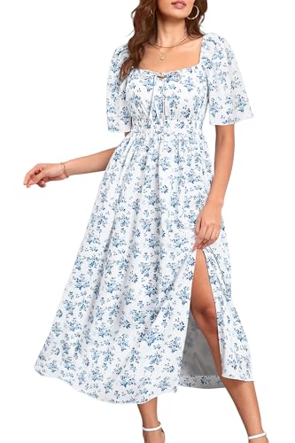 Übergröße Sommerkleid 2025 – Milkmaid Sommerkleid Boho Floral Casual Strand Hochzeit Midi Kleider, Blumenmuster hellblau, 50 Mehr von Pinup Fashion