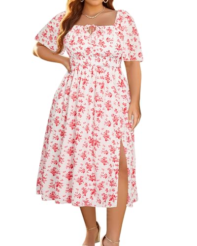 Übergröße Sommerkleid 2025 – Milkmaid Sommerkleid Boho Floral Casual Strand Hochzeit Midi Kleider, Blumenmuster in Pink, 50 Mehr von Pinup Fashion