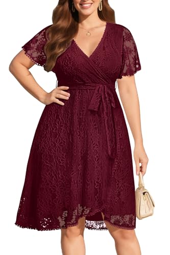 Übergrößenkleider für Hochzeitsgäste – Spitzenkleid, Cocktailkleid, halbformell, Party-Wickelkleid, fließendes kurzes Kleid, Burgunder, 46 Mehr von Pinup Fashion