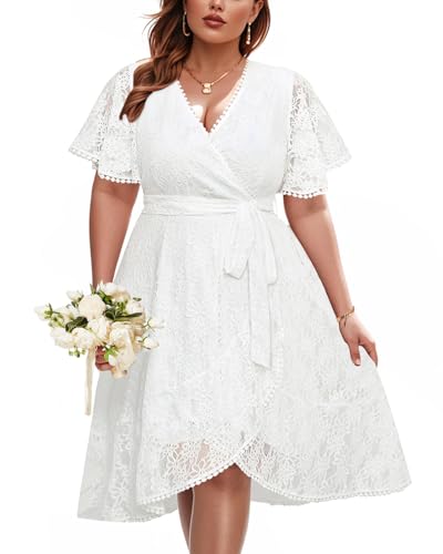 Übergrößenkleider für Hochzeitsgäste – Spitzenkleid, Cocktailkleid, halbformell, Party-Wickelkleid, fließendes kurzes Kleid, Weiss/opulenter Garten, 50 Mehr von Pinup Fashion