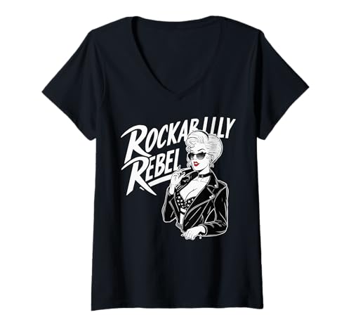 Damen Rockabilly Rebel Blonde Pinup With Attitude Graphic T-Shirt mit V-Ausschnitt Damen Rockabilly Rebel Blonde Pinup With Attitude Graphic T-Shirt mit V-Ausschnitt von Pinup Retro Glamour T-shirt Gift Shop Collection