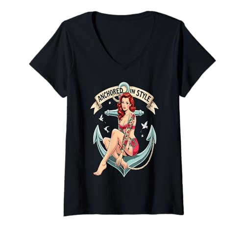 Damen Anchored In Style Pinup Anker T-Shirt mit V-Ausschnitt von Pinup Retro Vintage Tattoo Style Anker