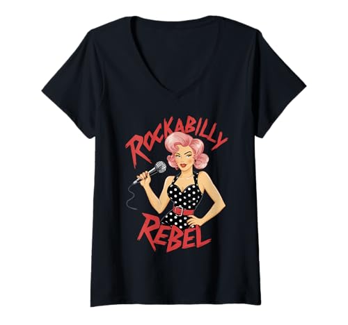Damen Rockabilly Rebel Pin-Up Girl With Microphone Graphic T-Shirt mit V-Ausschnitt Damen Rockabilly Rebel Pin-Up Girl With Microphone Graphic T-Shirt mit V-Ausschnitt von Pinup Usa Rockabilly Classic Retro Vintage Glamour
