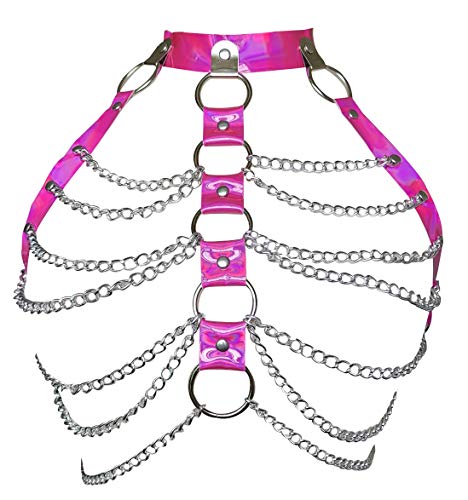 Damen Harness-BH, Leder, Metall-Kette, verstellbar, Käfig,Taillen-Gürtel, Punk, Body,Brust-Harness, Gothic, Träger, Kostüm, Clubwear Gr. Einheitsgröße, rosarot von Pinwe