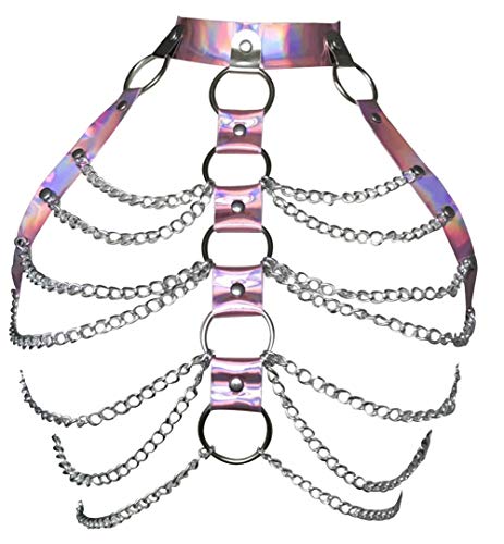 Damen Harness-BH, Leder, Metall-Kette, verstellbar, Käfig,Taillen-Gürtel, Punk, Body,Brust-Harness, Gothic, Träger, Kostüm, Clubwear Gr. Einheitsgröße, rose von Pinwe