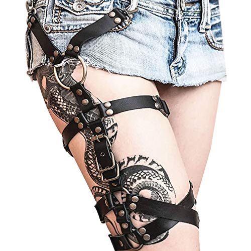 Damen Schwarz Leder Beingeschirr Strumpfgürtel Gürtel Einstellbar Käfig Gürtel Punk Körperkette Oberschenkel Strapse von Pinwe