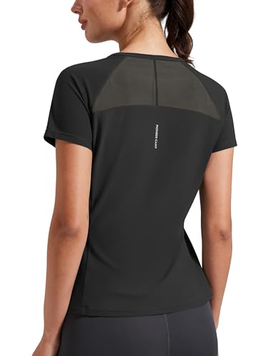 Damen Sport T-Shirt Kurzarm, Atmungsaktiv Schnelltrocknend, Funktionsshirt mit Netzeinsatz am Rücken, Figurbetontes Laufshirt für Fitness Gym Yoga Outdoor (Black;S) von Pioneer Camp