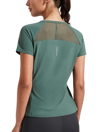 Damen Sport T-Shirt Kurzarm, Atmungsaktiv Schnelltrocknend, Funktionsshirt mit Netzeinsatz am Rücken, Figurbetontes Laufshirt für Fitness Gym Yoga Outdoor (Green;S) von Pioneer Camp