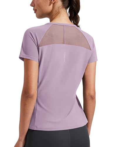 Damen Sport T-Shirt Kurzarm, Atmungsaktiv Schnelltrocknend, Funktionsshirt mit Netzeinsatz am Rücken, Figurbetontes Laufshirt für Fitness Gym Yoga Outdoor (Purple;M) von Pioneer Camp