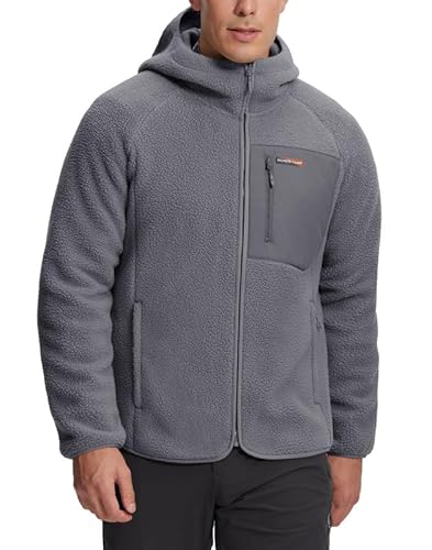 Fleecejacke Herren Teddy Jacke Warm Atmungsaktiv Sherpa Winterjacke Reißverschluss Feuchtigkeitstransportierend Outdoor Jacken mit 5 Taschen & Kapuze für Outdoor Wandern Trekking（Dark Grey;L) von Pioneer Camp