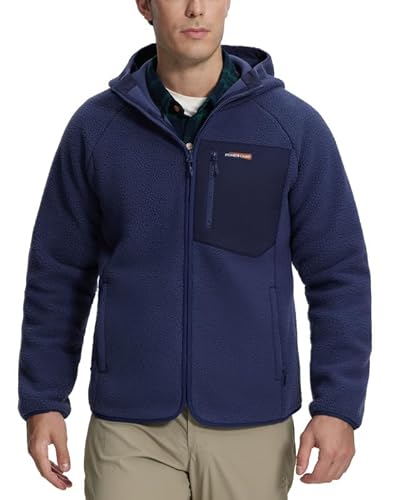 Fleecejacke Herren mit Kapuze Full Zip Sherpa Jacke 5 Funktionale Taschen Warm Outdoor Teddyjacke Komfort Atmungsaktiv Elastischer Saum & Ärmel Fleece Mäntel für Herbst und Winter（Navy;XXL) von Pioneer Camp