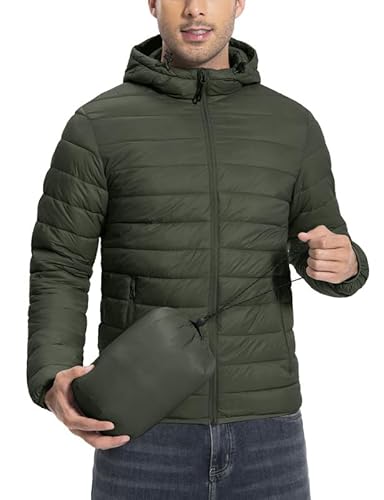Leichte Daunenjacke Herren Verpackbar Übergangsjacke Wasserdicht Hooded Jacket Outdoor Winterjacke mit Aufbewahrungstasche und 6 Taschen（Army Green;S) von Pioneer Camp