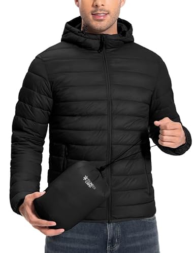 Outdoor Daunenjacken für Herren Leichte Puffer Jacke Wasserdicht Verpackbar Winterjacke für Männer Hooded Steppjacke mit 6 Taschen（Black;XXL) von Pioneer Camp