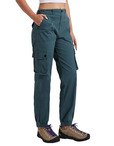 Pioneer Camp Arbeitshose Damen Stretch Cargohose für Frauen Lang Baumwolle Jogginghosen mit Gummibund Outdoor Wanderhose Verstellbarer Bund mit 6 Taschen Blaugrün XL von Pioneer Camp