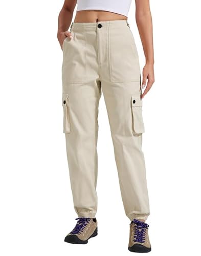 Pioneer Camp Cargohose Damen Lang Wanderhose für Frauen Strapazierfähig Cargo Hosen Verstellbarer Bund Outdoor Jogginghosen mit 6 Taschen Khaki L von Pioneer Camp