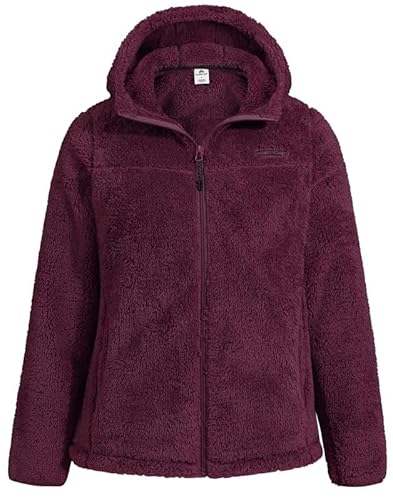 Pioneer Camp Damen Fleecejacke mit Kapuze Kuschelig Flauschig Sherpa Thermo Jacke Vollreißverschluss Fleecejacke High-Pile Teddyfleece Für Outdoor Alltag Homewear（Wine Red;L von Pioneer Camp