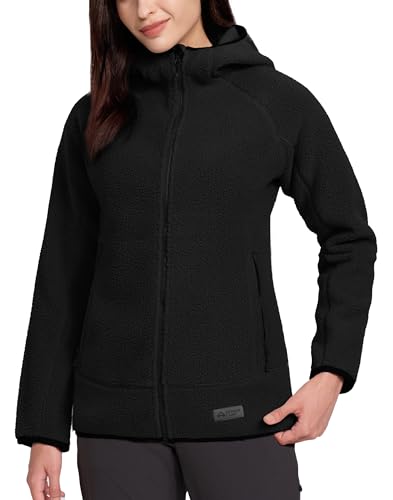 Pioneer Camp Damen Outdoor Fleecejacke mit Kapuze: Dreifach Isoliert, Seitentaschen, Dehnbarer Saum für Wandern, Camping(Black;L) von Pioneer Camp
