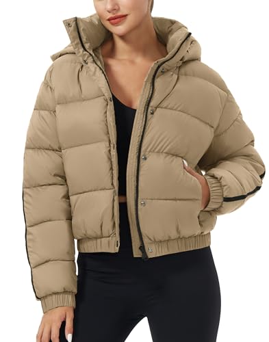 Pioneer Camp Damen Winterjacke Puffer 3/4 Jack Mitteldick Cropped Jacket Kurz Wasserabweisende Daunenjacke mit Kapuzen Light Khaki XXL von Pioneer Camp