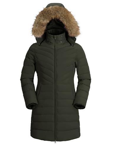 Pioneer Camp Wintermantel Damen Lang Warm Steppmantel Wasserdicht Winterjacke Mantel Damen Winter mit Abnehmbarer Kunstpelzkragen Olivgrün S von Pioneer Camp