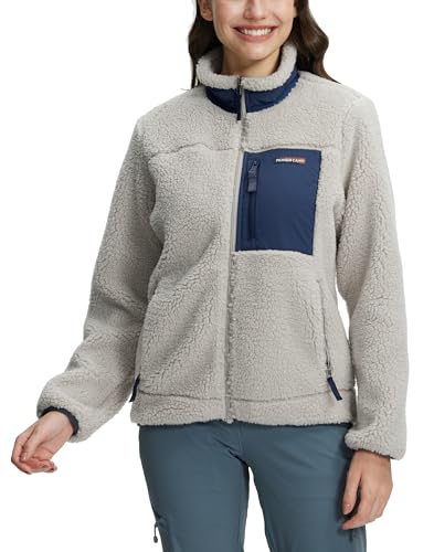 Pioneer Camp Dicke Fleecejacke Damen Ohne Kapuze, Extra Warme Winterjacke mit Stehkragen, Elastischem Saum & Windschutz - Für Trekking & Freizeit(Warm Gray，Navy;M) von Pioneer Camp