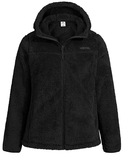 Thermo Fleecejacke Damen mit Kapuze Sherpa Jacke Langarm Vollzip Teddyfleece High Pile Weich Warm Für Zuhause Spaziergang Outdoor Alltag（Black;XL) von Pioneer Camp