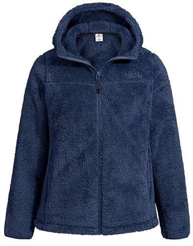 Thermo Fleecejacke Damen mit Kapuze Sherpa Jacke Langarm Vollzip Teddyfleece High Pile Weich Warm Für Zuhause Spaziergang Outdoor Alltag（Navy;XL) von Pioneer Camp