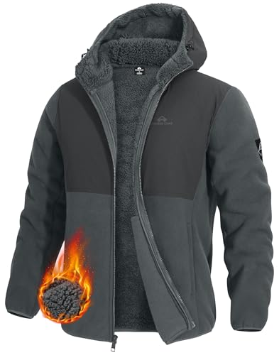 Pioneer Camp Fleecejacke Herren Winter mit Sherpa Innenfutter Kapuzenjacke mit Reißverschluss elastischen Bündchen 4 Taschen Für Wandern Arbeit Freizeit(Grey;XXL) von Pioneer Camp