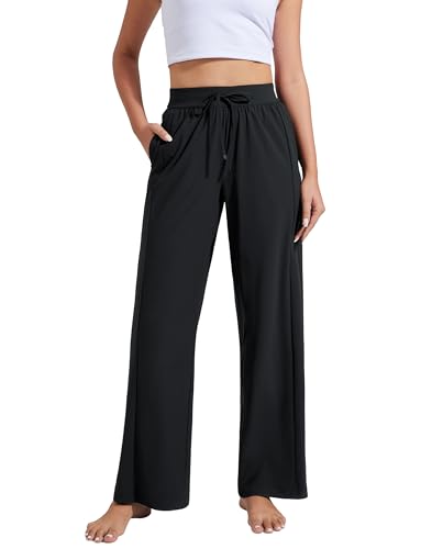 Pioneer Camp Freizeithose Damen Sommer Leichte Weite Hose mit Sonnenschutz UPF100+, Stretchbund & Kordel, Taschen für Handy, Locker & Kühlend（Black；L） von Pioneer Camp