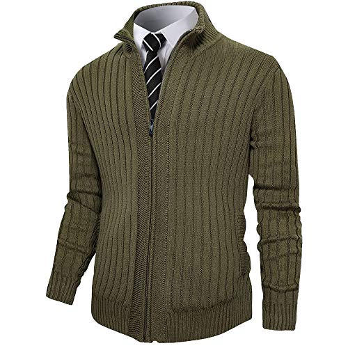 Pioneer Camp Herren Cardigan Pullover Full Zip Up Stehkragen Slim Fit Casual Strickpullover mit 2 Fronttaschen, Grün (Army Green), XL von Pioneer Camp