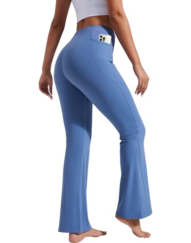 Pioneer Camp Hosen Damen Yogahose Lang Flared Leggings Leicht Fitnesshose Freizeithose Pants mit Taschen (Grey Blue;M) von Pioneer Camp