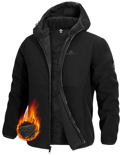 Pioneer Camp Sherpa Jacke Herren mit Kapuze Gefütterte Fleecejacke für Winter atmungsaktiv winddicht Outdoor Jacke mit 4 Taschen für Freizeit Arbeit(New Black;L) von Pioneer Camp