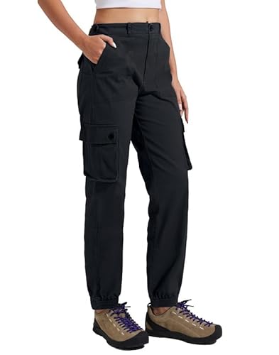 Pioneer Camp Wanderhose Damen Cargohose für Frauen Arbeitshose mit Gummibund Outdoor Hosen Baumwolle Stretch Jogginghosen mit 6 Taschen Schwarz S von Pioneer Camp