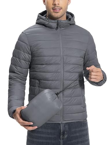 Winterjacke Herren Verpackbar Outdoor Daunenjacken Hooded Jacket Herbst Wasserdicht Puffer Jacke Mit 6 Taschen for Running Travel（Dark Grey;L) von Pioneer Camp