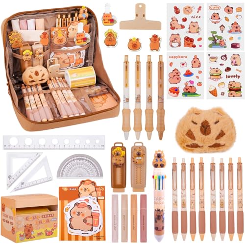 Pipihome 62 Stück Capybara Schreibwaren Set - Capybara Federmäppchen Mit Stiften, Clips, Linealen Und Mehr, Capybara Sticker und Mehr, Capybara Stationery Set Für Büro, Schule, Kinder, Schüler von Pipihome