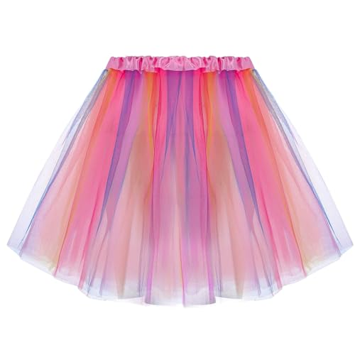 Regenbogen Tüllrock Damen 4 Lagen Ballettrock Minirock, Retro Ballet Tanzrock Kurz Ballett Tütü Rockabilly Petticoat Unterrock, Prinzessin Tanzkleid Fasching Kostüm 50er 80er Jahre Damen Tüllrock von Pipihome