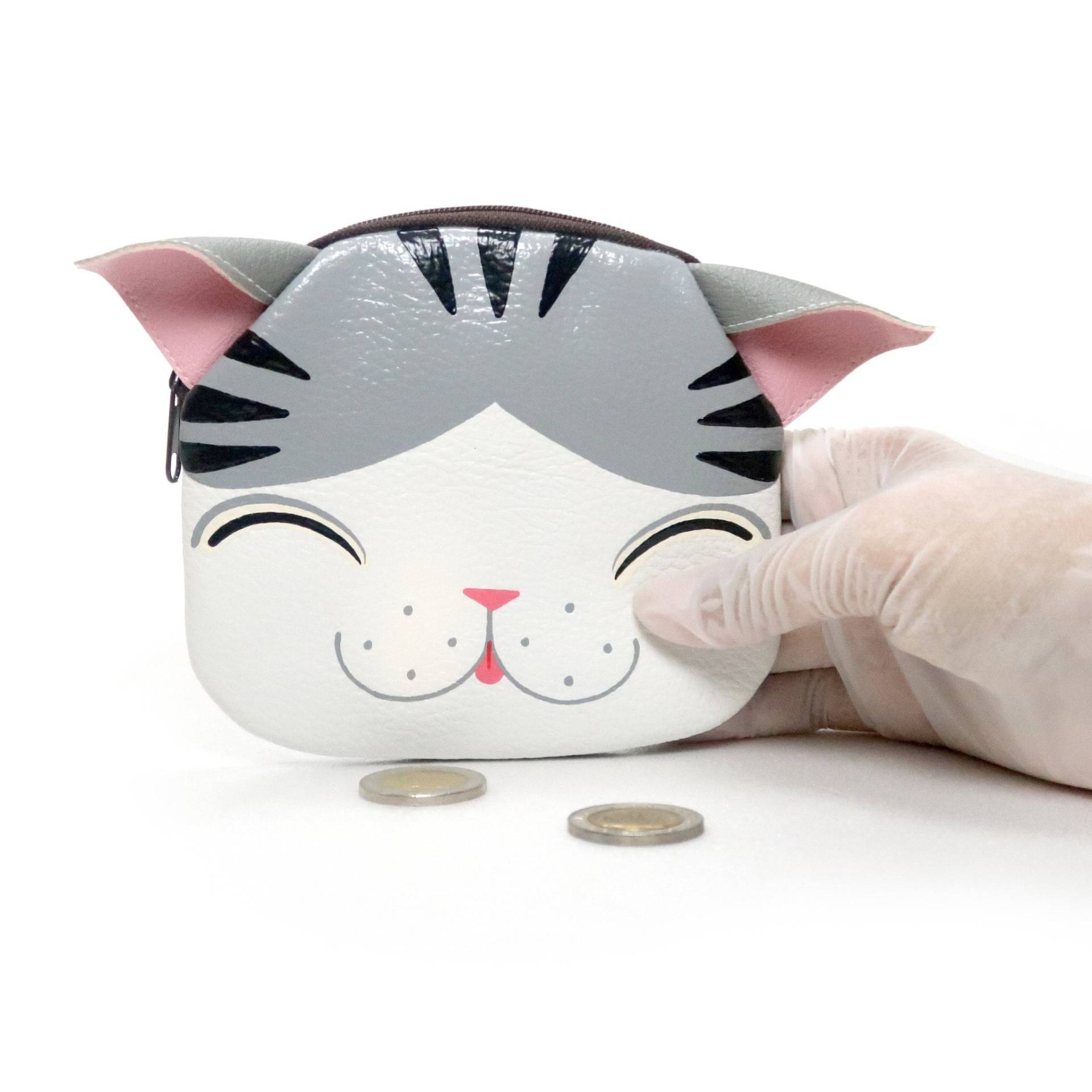 Lächelnde Graue Und Weiße Katzenmünzentasche.handgemalte Tasche Kleine Kunstleder, Reißverschlussbeutel, Kartenbrieftasche, Niedliche Katze von Pipobypimprapa
