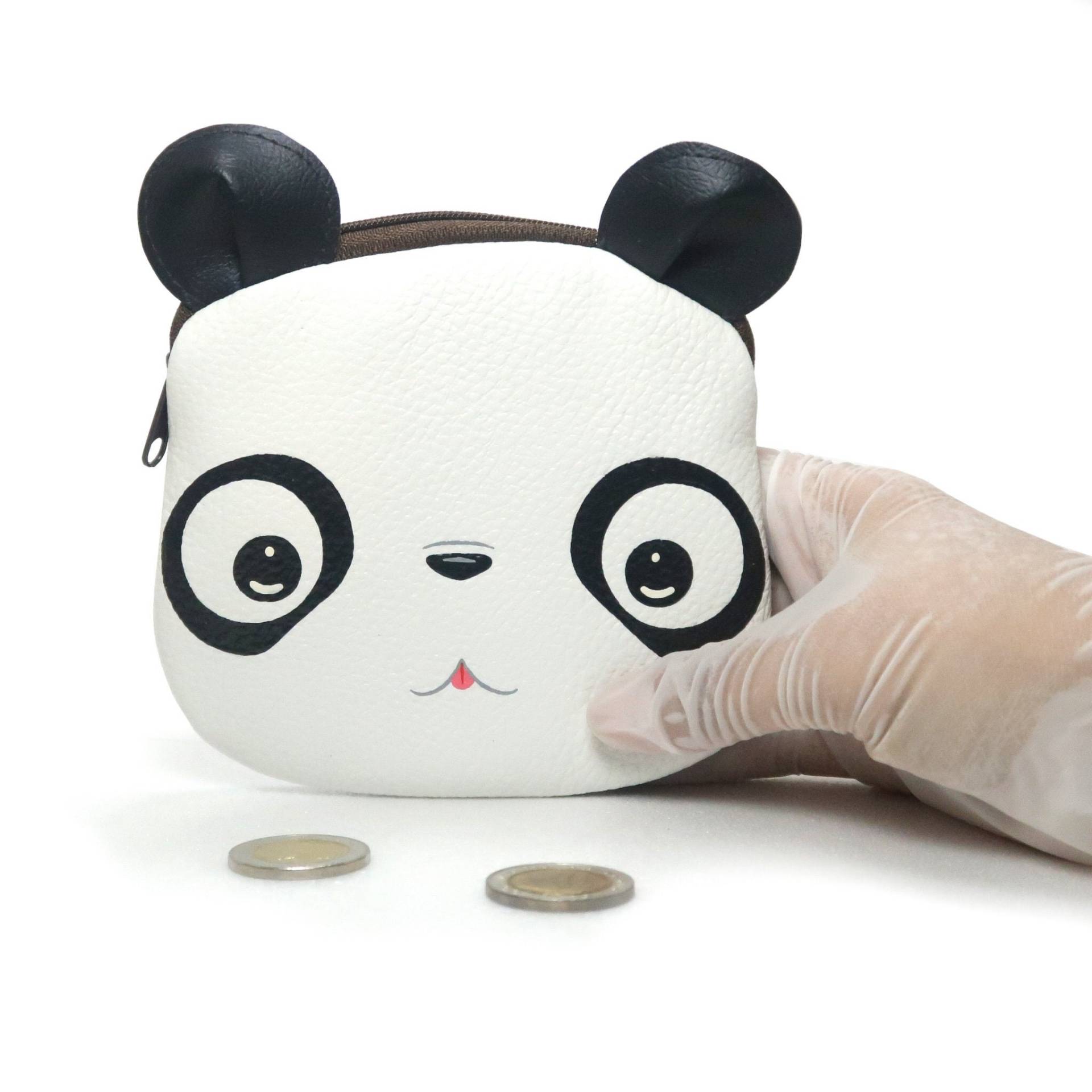 Panda Münze Geldbörse.hand Bemalt Tasche Klein Kunstleder, Reißverschluss Beutel, Karte Portemonnaie, Süßer Panda, Tier Porträt von Pipobypimprapa