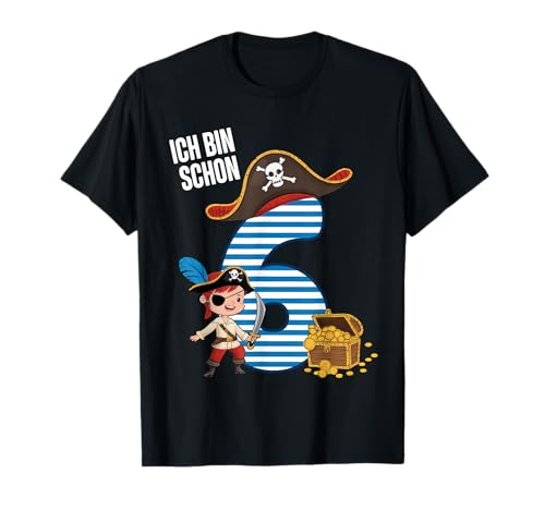 6 Geburtstag Pirat Kostüm Kinder Sechs Jahre Alt Matrose T-Shirt von Pirat Geschenk Seeräuber Junge Freibeuter Kostüm