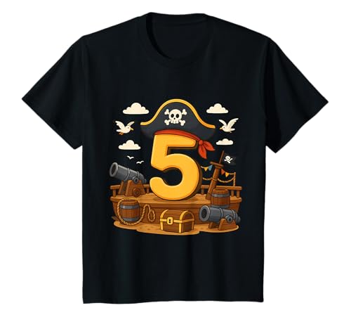 Kinder Pirat 5 Geburtstag Junge Piratenschiff Schatztruhe Kanonen T-Shirt Kinder Pirat 5 Geburtstag Junge Piratenschiff Schatztruhe Kanonen T-Shirt von Pirat Piratenschiff Schatztruhe 5 Geburtstag