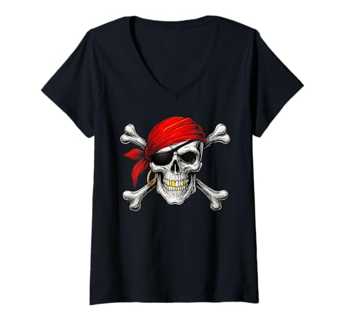 Damen Pirat Jolly Roger Flagge & Totenkopf gekreuzte Knochen Halloween T-Shirt mit V-Ausschnitt Damen Pirat Jolly Roger Flagge & Totenkopf gekreuzte Knochen Halloween T-Shirt mit V-Ausschnitt von Pirate Crew Skully Squad
